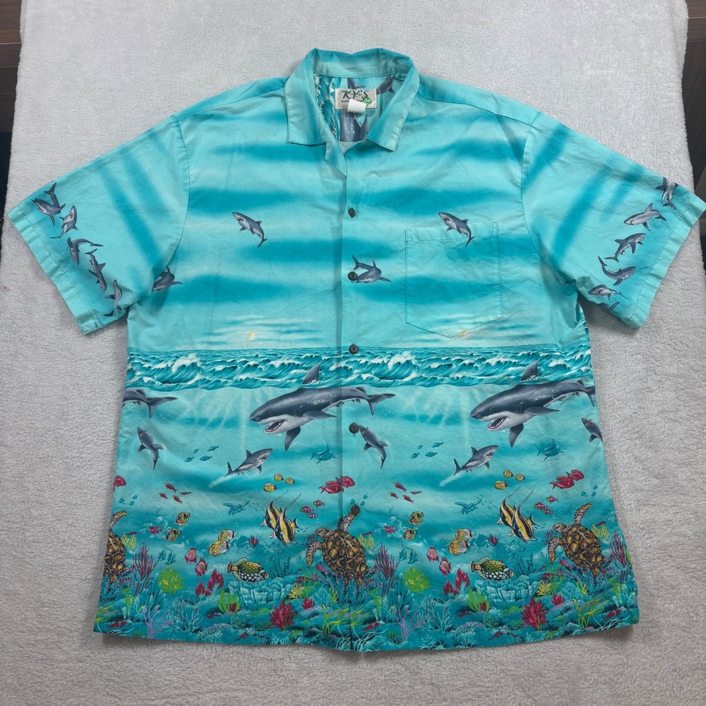 VTG. KY'S Made in Hawaii Shark Sea Turtle Tropical Fish Hawaiian Shirt Mens 2XL